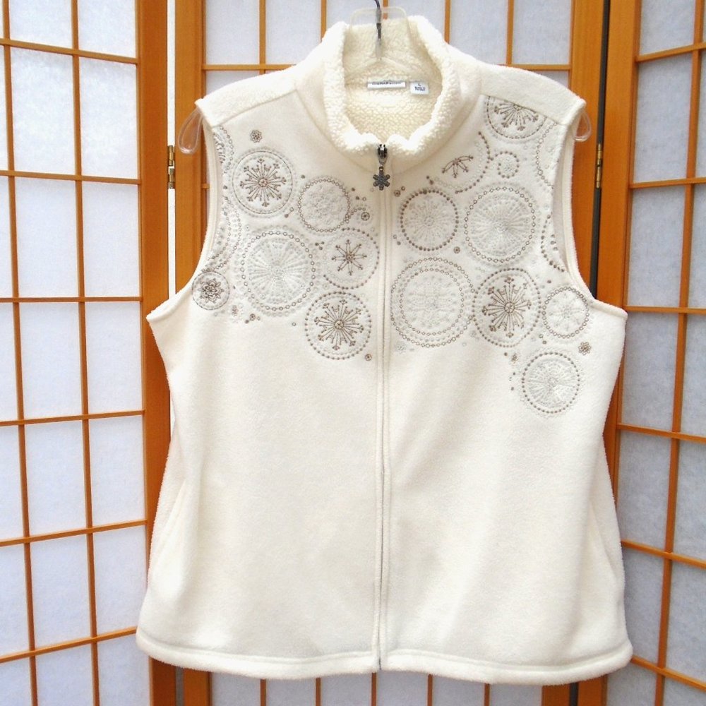 CROFT & BARROW Ivory white Vest zip-up poly fleece w/gold embroidery